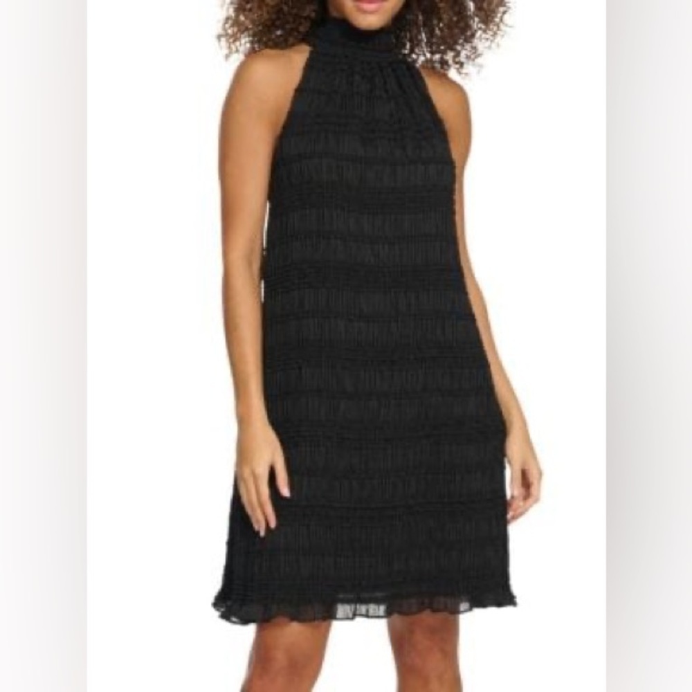 Kensie Size 6 Black High Neck Pleated A-Line Dress with Ruffle Detail